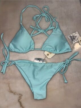 Billabong Light Blue Ribbed Triangle Bikini Set - Women Swim
